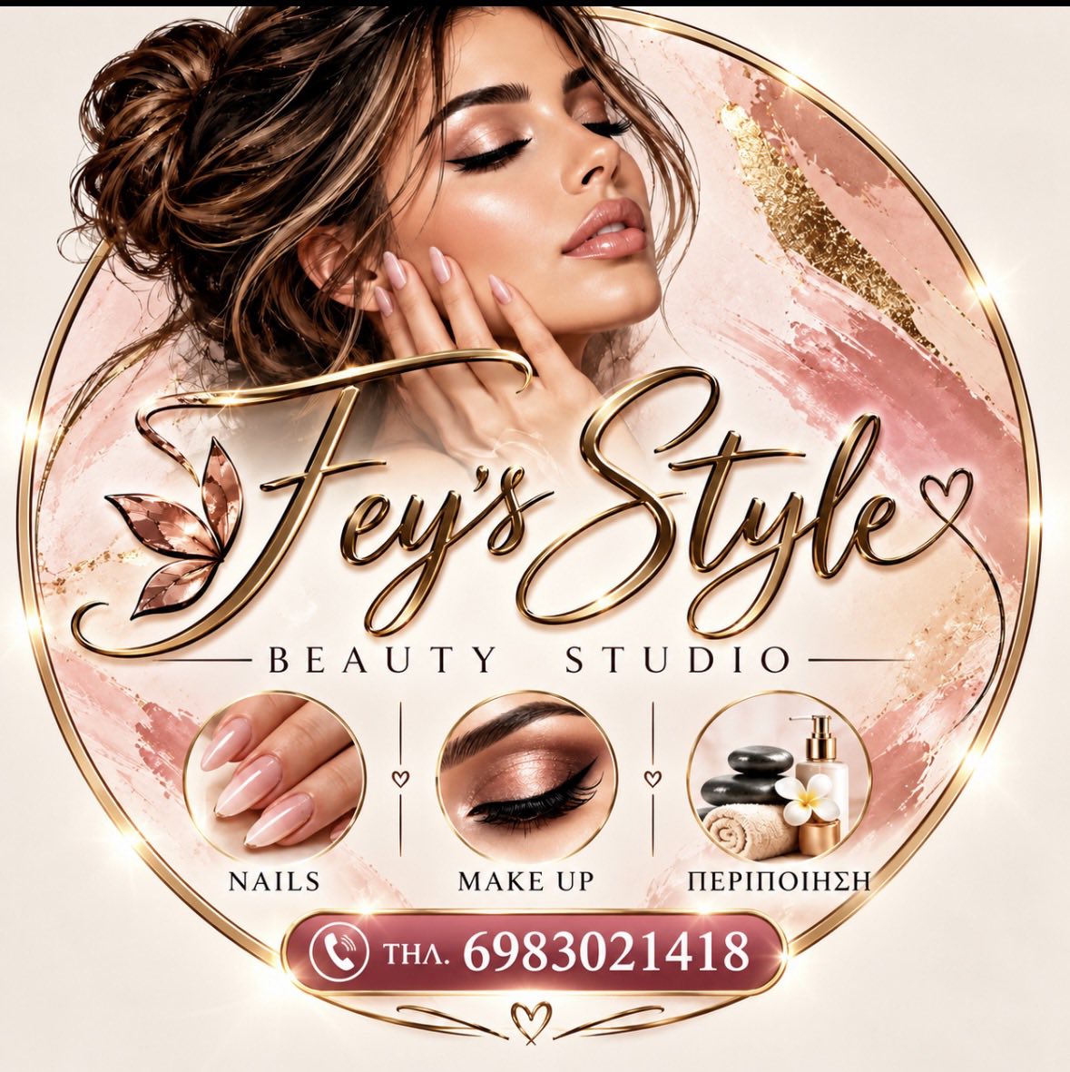 Η μακέτα του Fey’s Style Beauty Studio με το χρυσό λογότυπο και την πεταλούδα